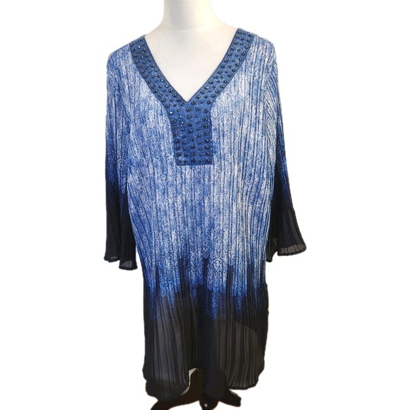 Catherines Tops - Catherines Womens Accordion Pleat Tunic Size 2X Blue Print Flare Sleeve Boho Top